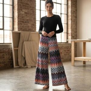 Chevron Knit Wide Leg Palazzo Pants - Multi-Color Zig Zag Yoga Small